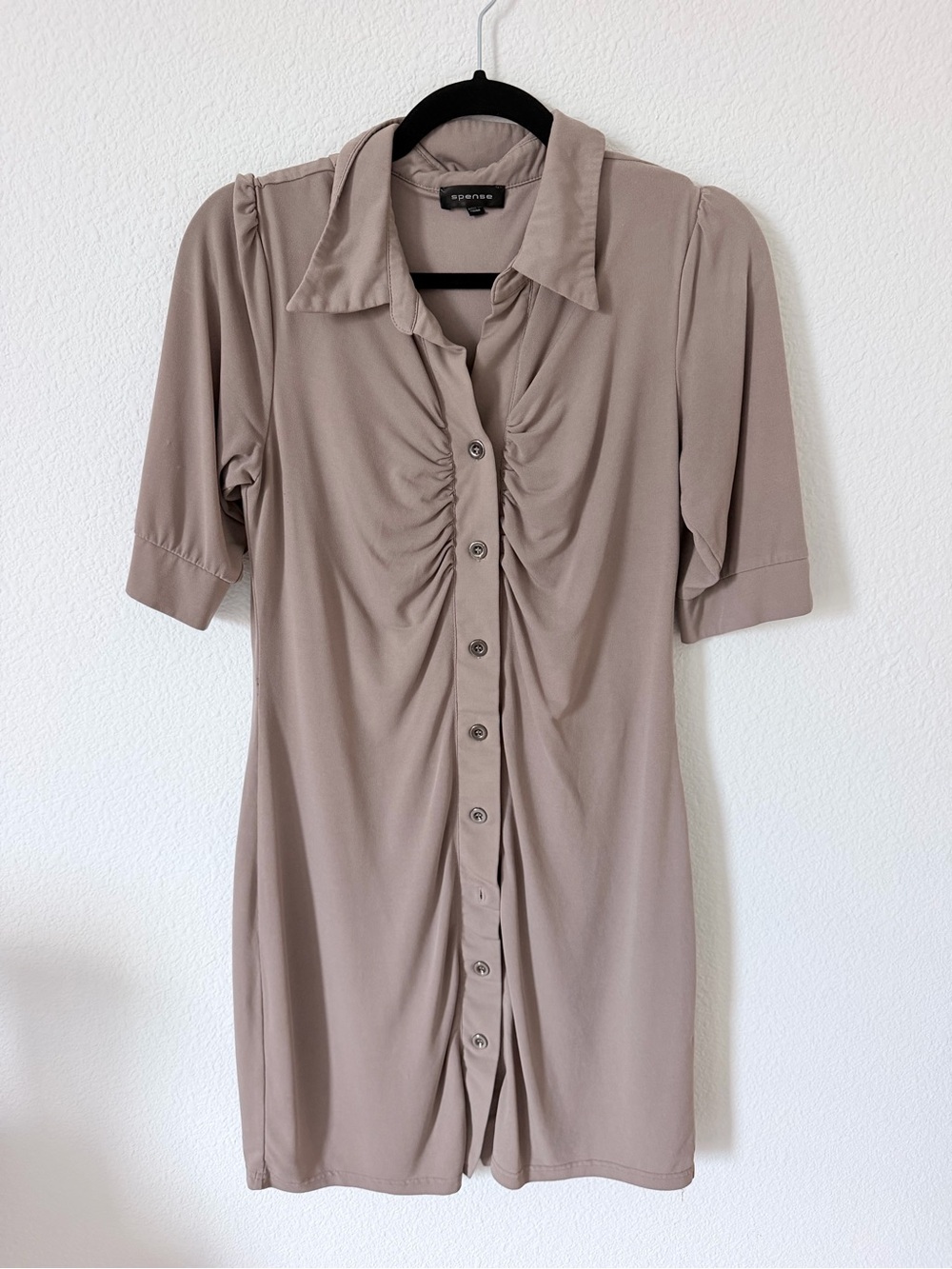 Spense Taupe Ruched Button-Down Women's Shirt Dress